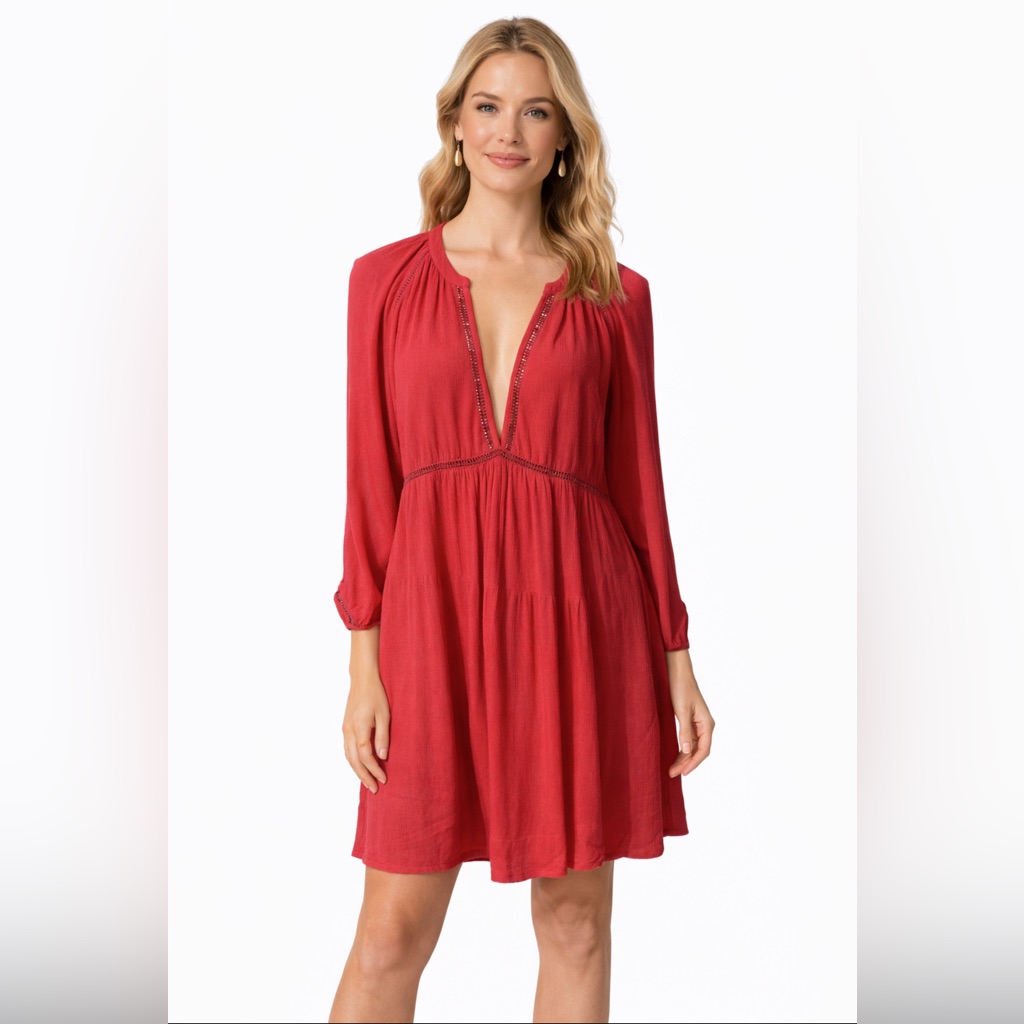 Free People Dress Pink M Medium Long Sleeve Cutout Trim Deep V Nwt